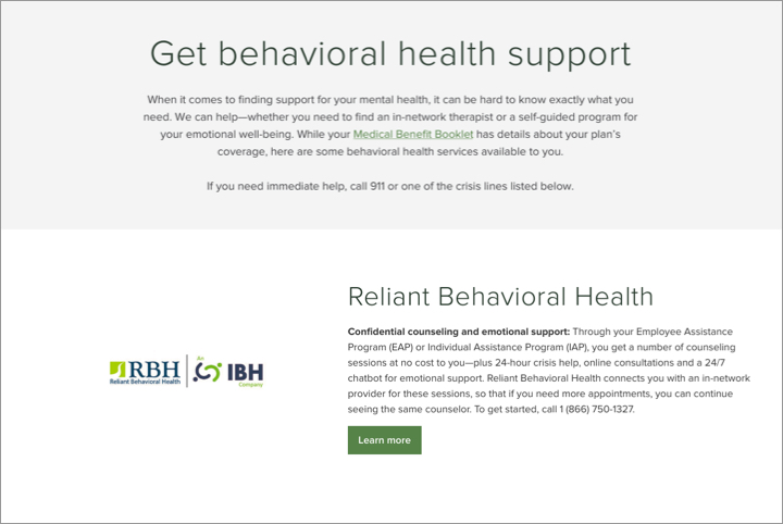 screenshot of behavioral health page
