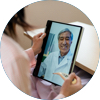 Circle image of woman on tablet interacting with doctor