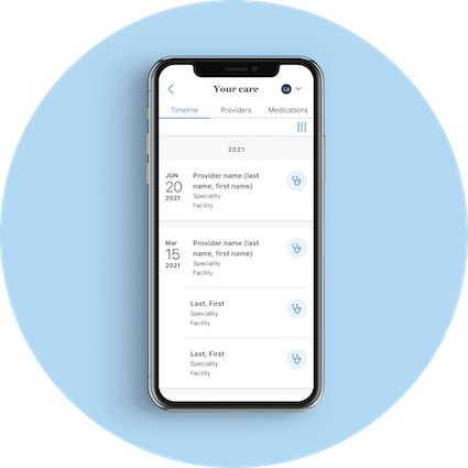 Mobile app view of care timeline