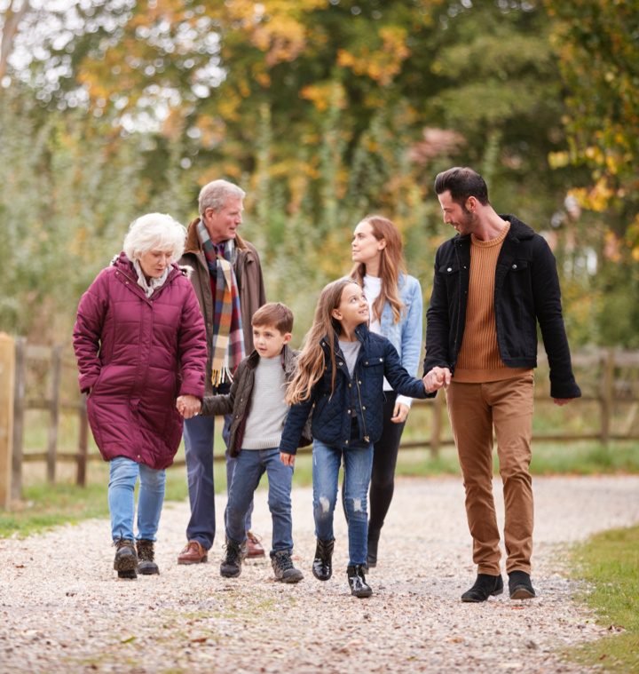 family taking a walk down the gravel road