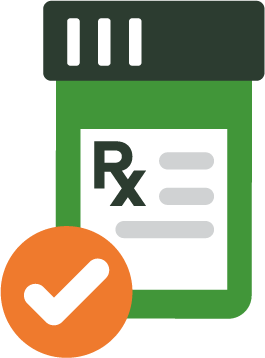 Graphic of a prescription medication bottle with a large checkmark