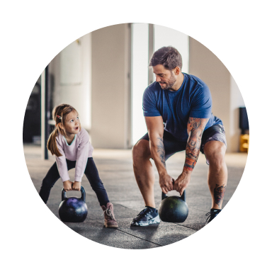 man and daughter lift weights