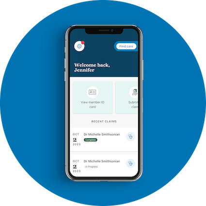 Cell phone with app open that says Welcome back, Jennifer at the top and shows account details and claims